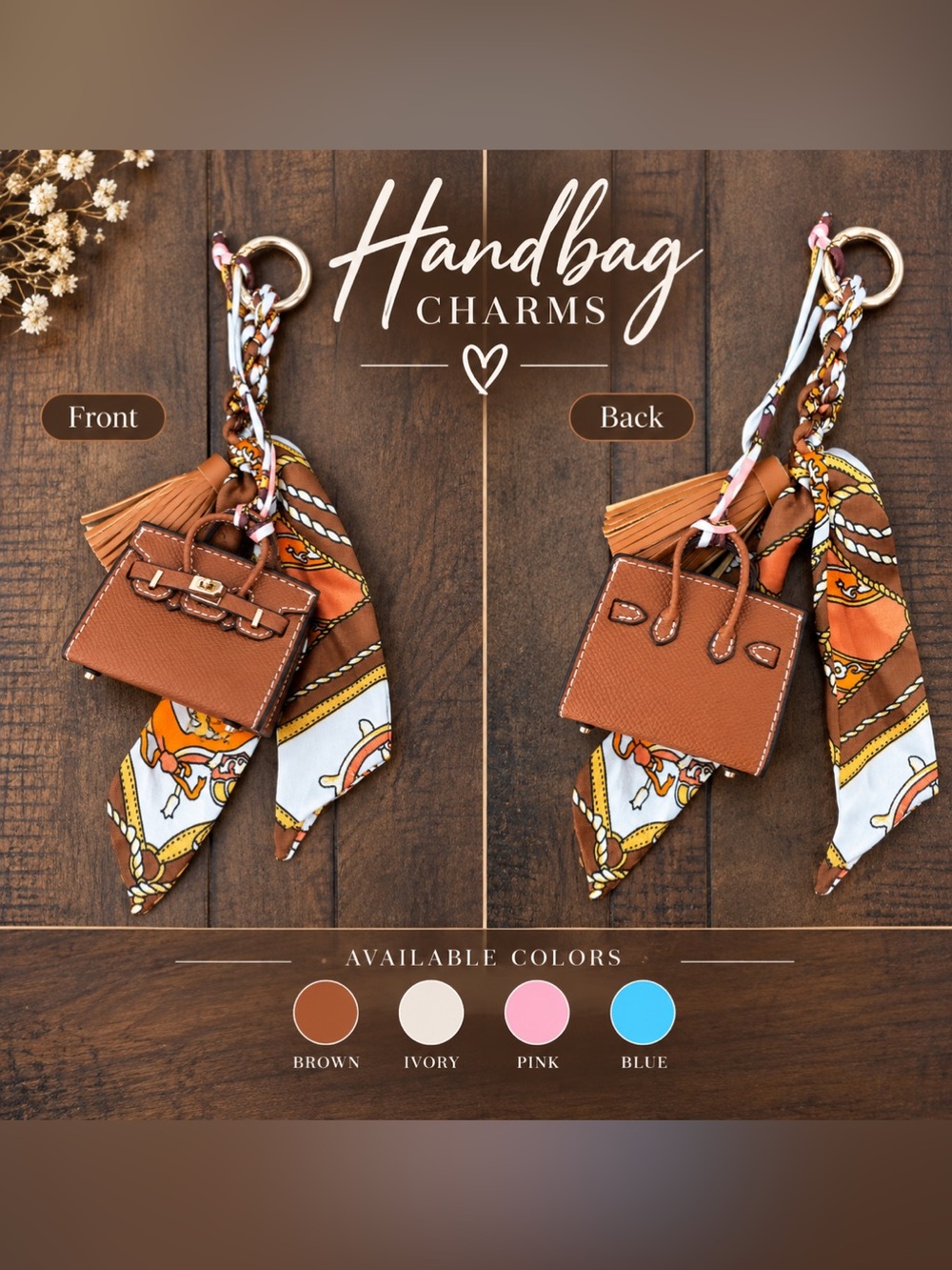 Mini Top Handle Handbag Charm Keychain with Scarf & Tassel โ Brown - Picture 5 of 6